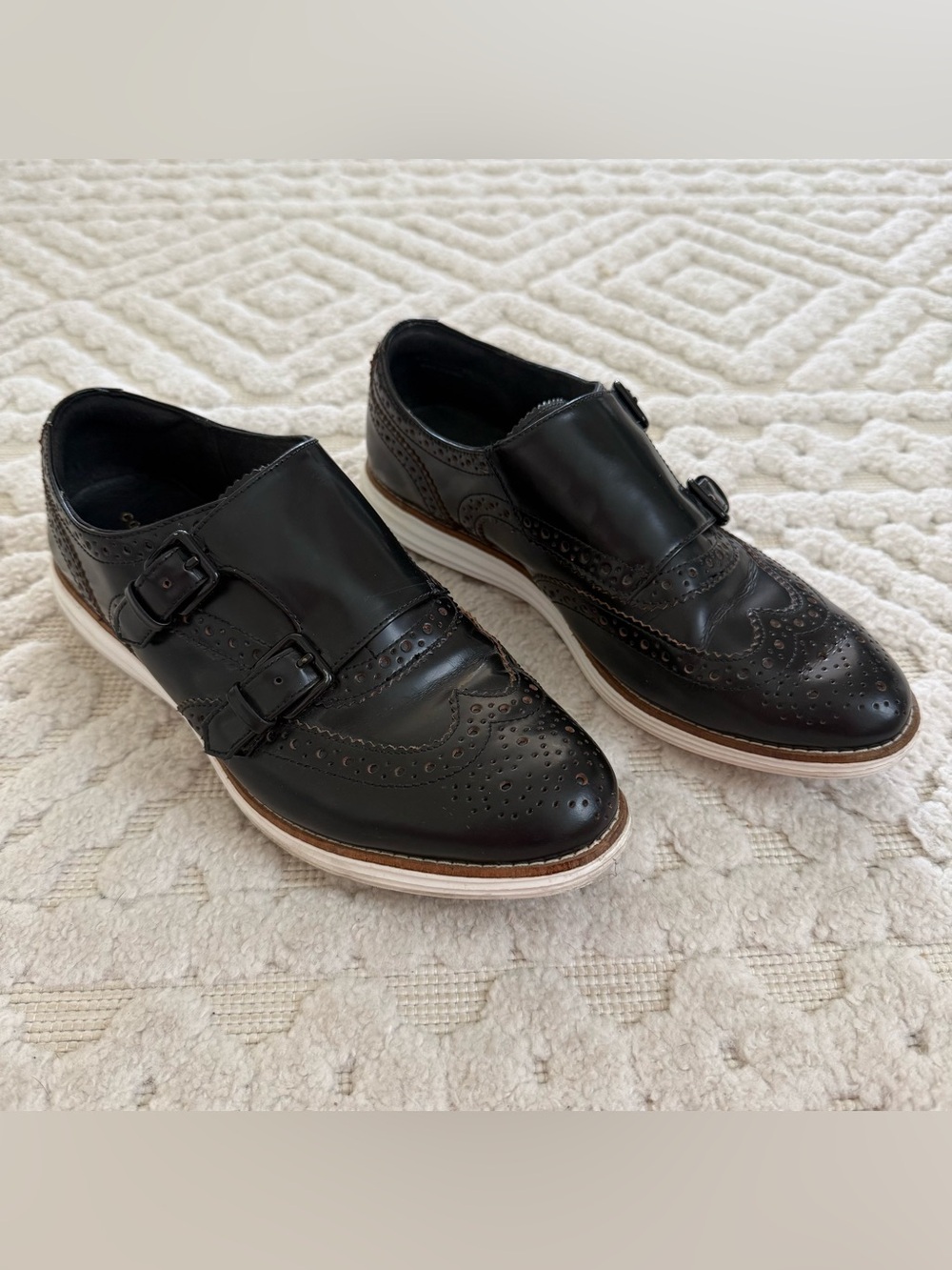 Cole Haan Grand.OS Double Monk Wingtip Oxfords Women 8B Black Leather Preppy